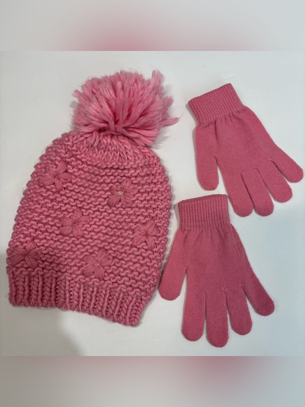 2pc big girls pink ribbed cable knit pom pom beanie and gloves set one size